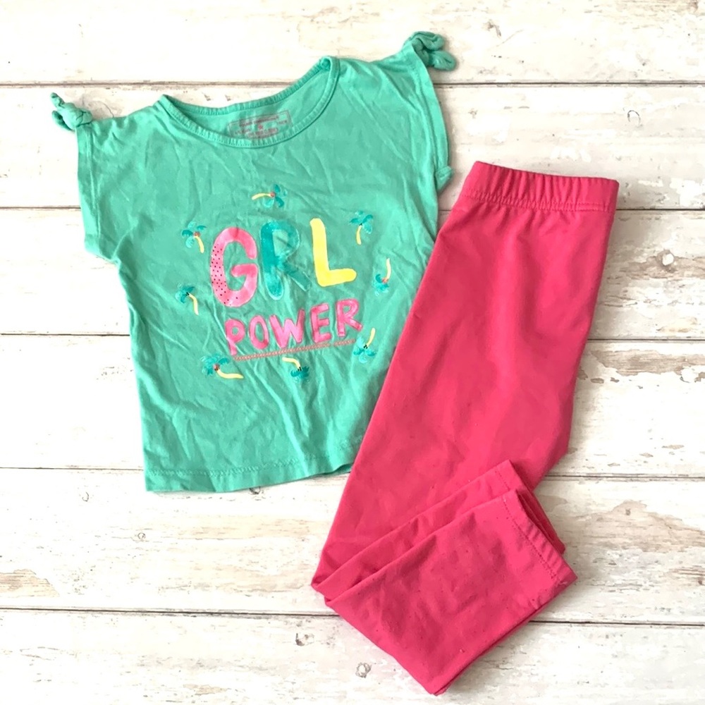 Girls 4T Outfit Pink Leggings Teal Mint Green Shirt Girl Power Kids Set Size 4